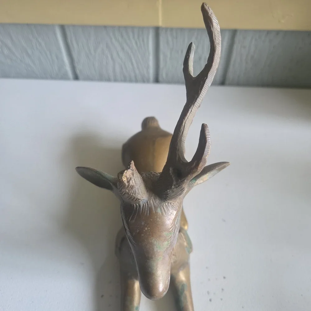 Vintage Brass Sculpture Deer MCM Stag Reclining Figure Antlers Aged Patina AS IS